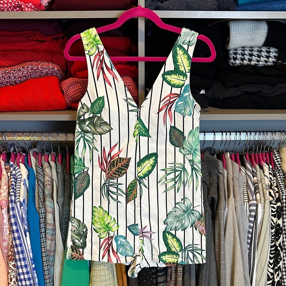 Zara TRF Collection white/green/pink palm print sleeveless v neck romper size XS